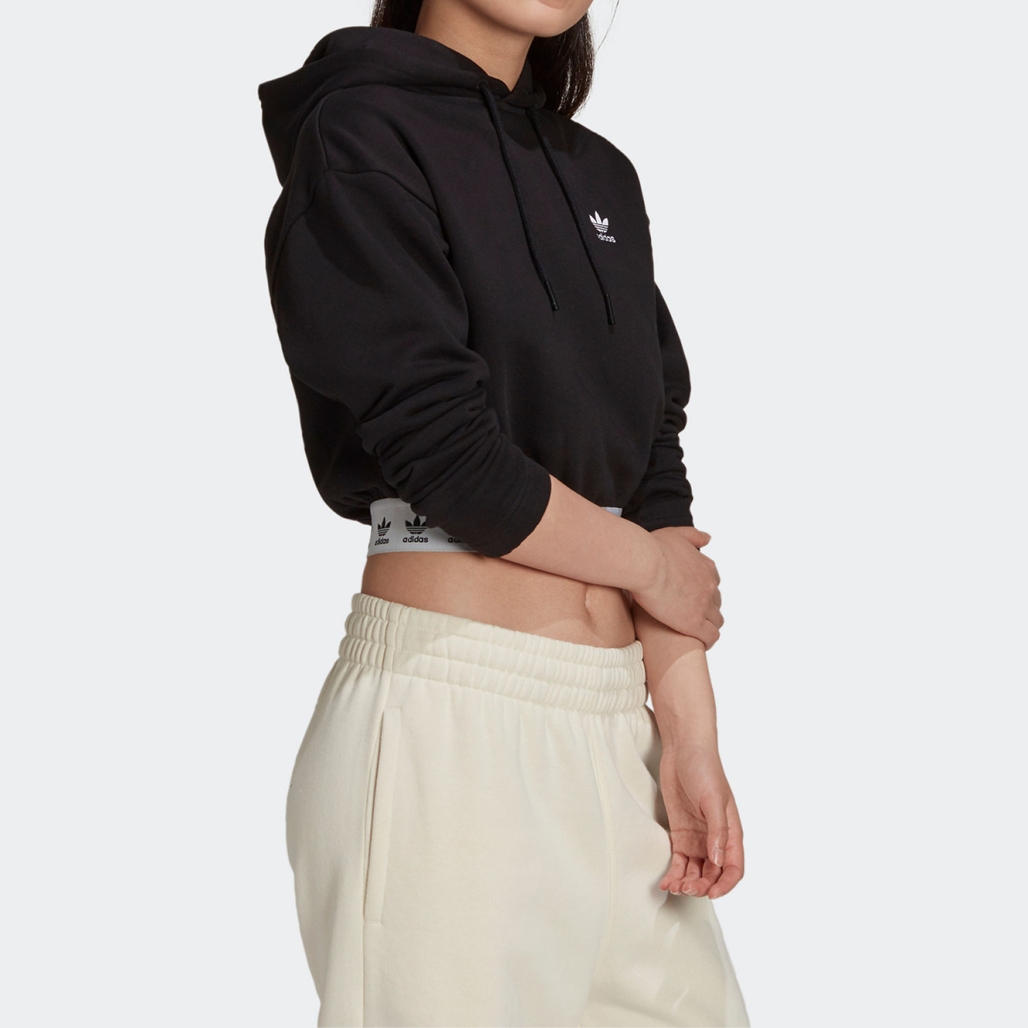 (Women) adidas Originals Cropped Black Hoodie with Trefoil Logo and Drawstring HB6031 圖 5