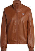 (Women) adidas Originals Faux Leather Jacket Brown Zip-Up Stand Collar Outerwear II6102 (Women) adidas Originals Faux Leather Jacket Brown Zip-Up Stand Collar Outerwear II6102