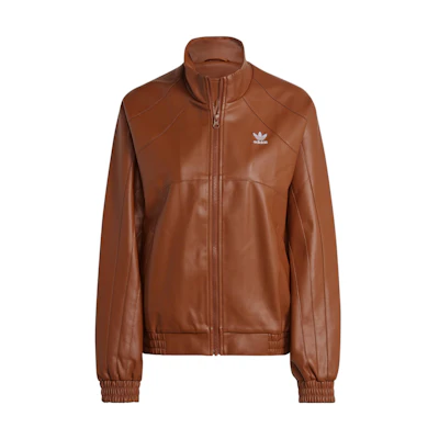 (Women) adidas Originals Faux Leather Jacket Brown Zip-Up Stand Collar Outerwear II6102