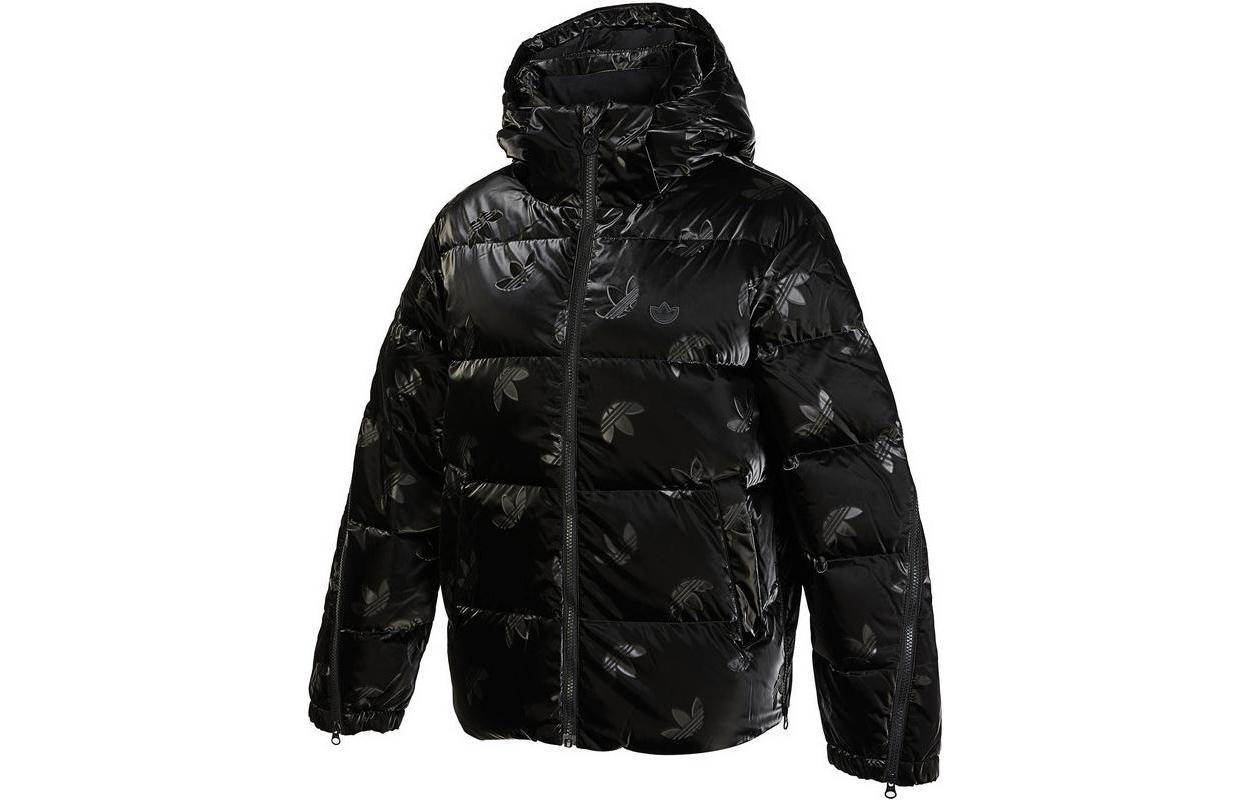 (Women) adidas Originals FW22  Black Logo Print Puffer Jacket with Hood. HS9510