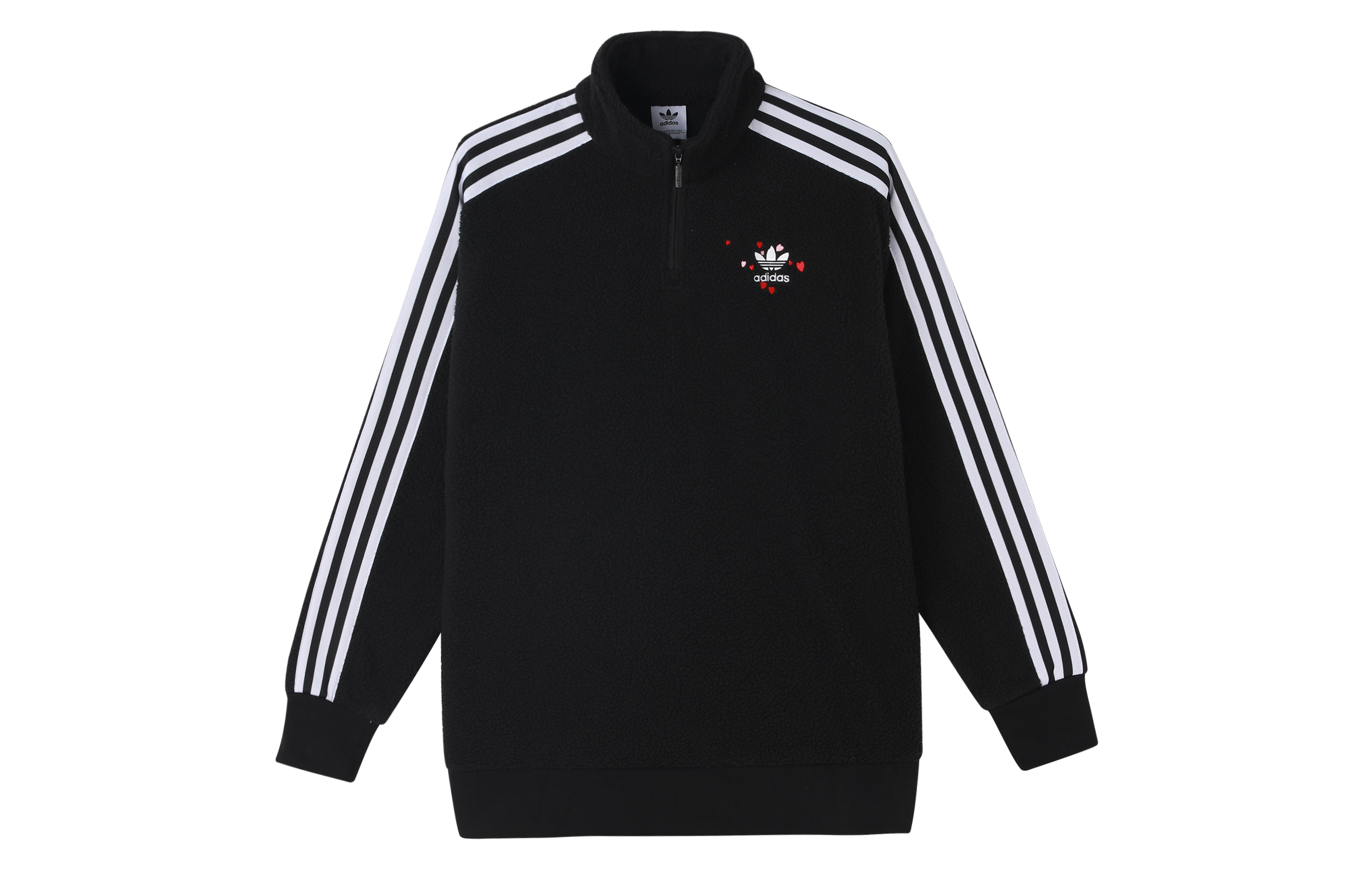 (Women) adidas Originals Half-Zip Striped Fleece Pullover Sweatshirt Black GK7170