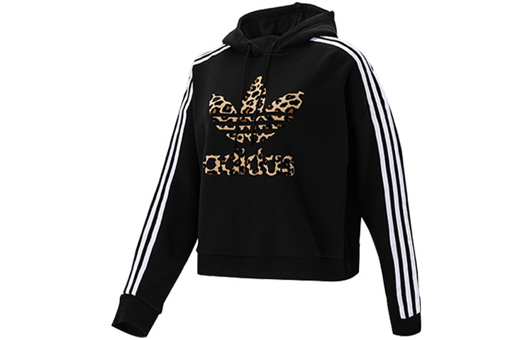 (Women) adidas Originals Leopard Stripe Logo Cropped Hoodie - Black GT5223