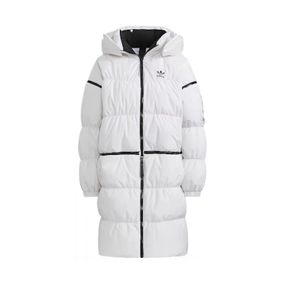 (Women) adidas Originals Long Zip Down Jacket Winter White Hooded Puffer Coat. HF1582