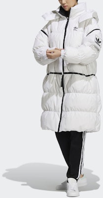 (W) アディダスオリジナルス 冬用ロングフードパファージャケット ホワイトダウンコート HF1582 Lookbook (W) アディダスオリジナルス 冬用ロングフードパファージャケット ホワイトダウンコート HF1582