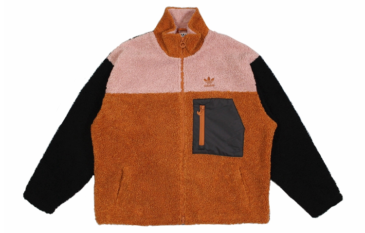 (Women) adidas Originals Sherpa Colorblock Stand Collar Sport Jacket Beige Brown GQ1238