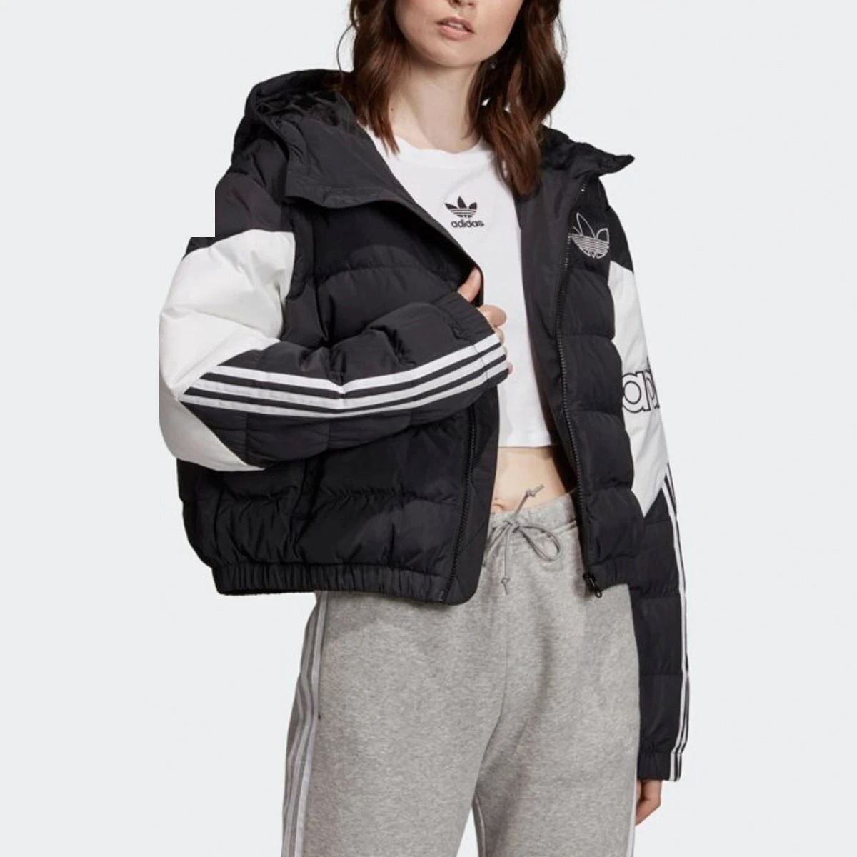 Shop (W) アディダス オリジナルス トレフォイル ショート パファージャケット 冬 ブラック FL0036