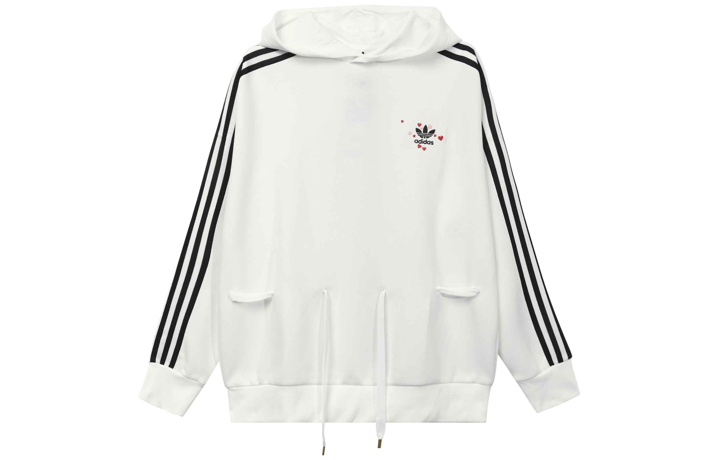 (Women) adidas Originals White Hoodie with Drawstring, Heart Embroidery & Stripes GK7176