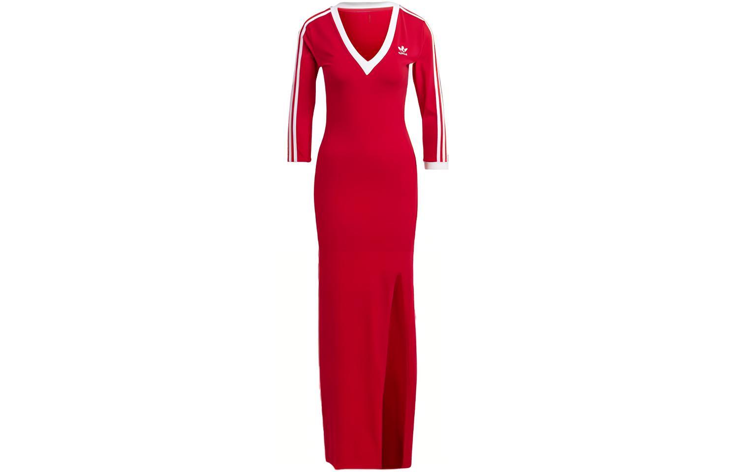 (Women) adidas Originals Women’s Adicolor 3-Stripes Red Maxi Dress V-Neck Short Sleeve II0750