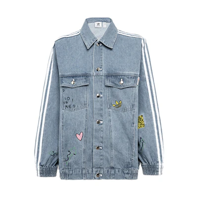 (Women) Adidas Originals Fiorucci Blue Graffiti Denim Jacket with Stripes FL4147