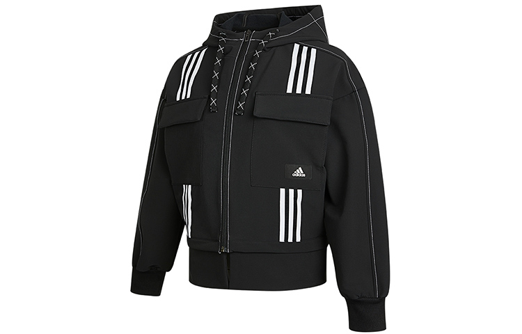 Shop (Women) adidas STR JKT DIY Black Outdoor Multi-Pocket Casual Hooded Jacket GP0628