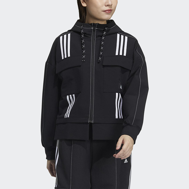 Purchase (Women) adidas STR JKT DIY Black Outdoor Multi-Pocket Casual Hooded Jacket GP0628