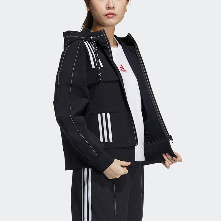 Sizing (Women) adidas STR JKT DIY Black Outdoor Multi-Pocket Casual Hooded Jacket GP0628