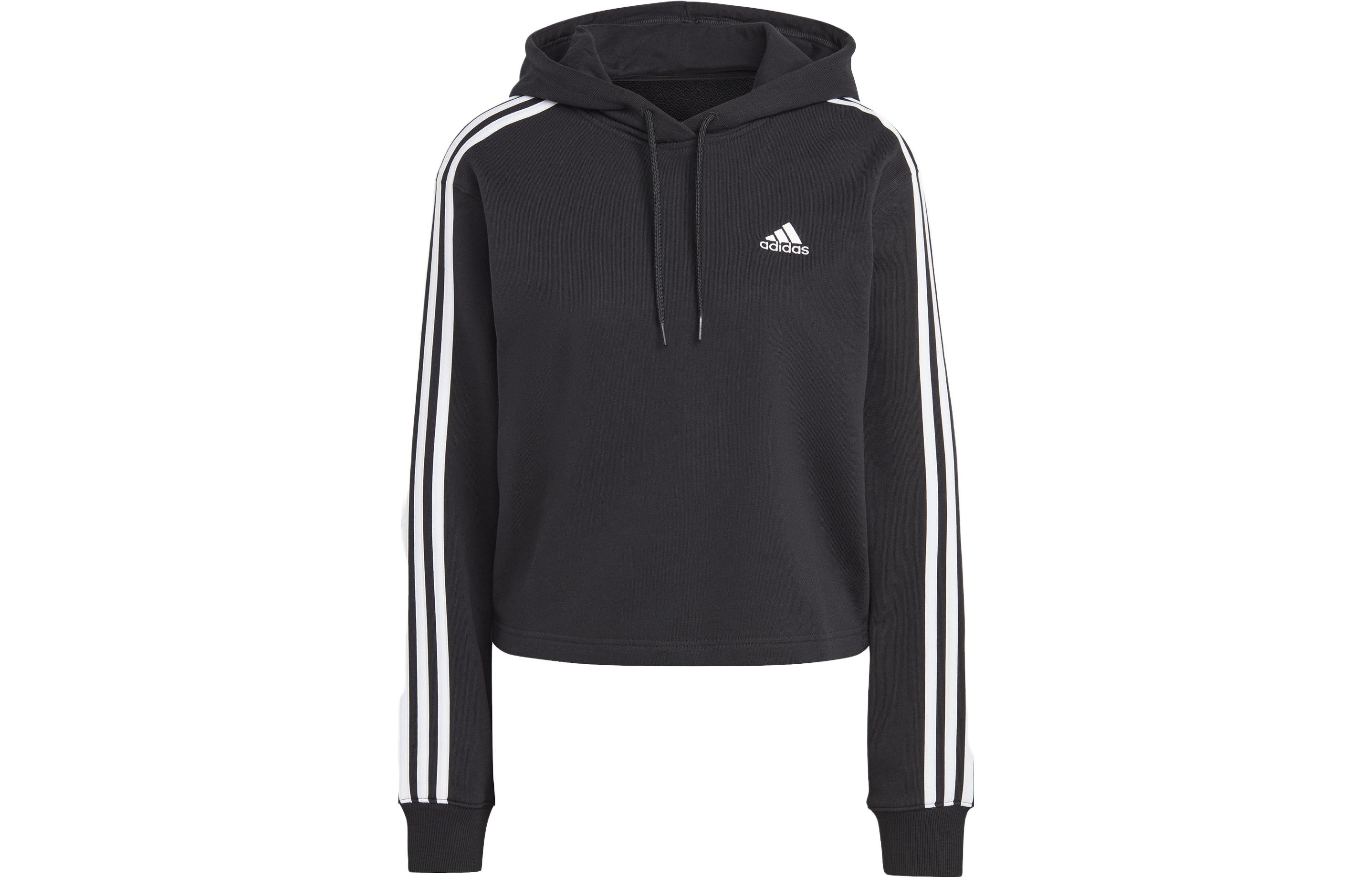 (Women) adidas Striped Cropped Hoodie - Black IC8767