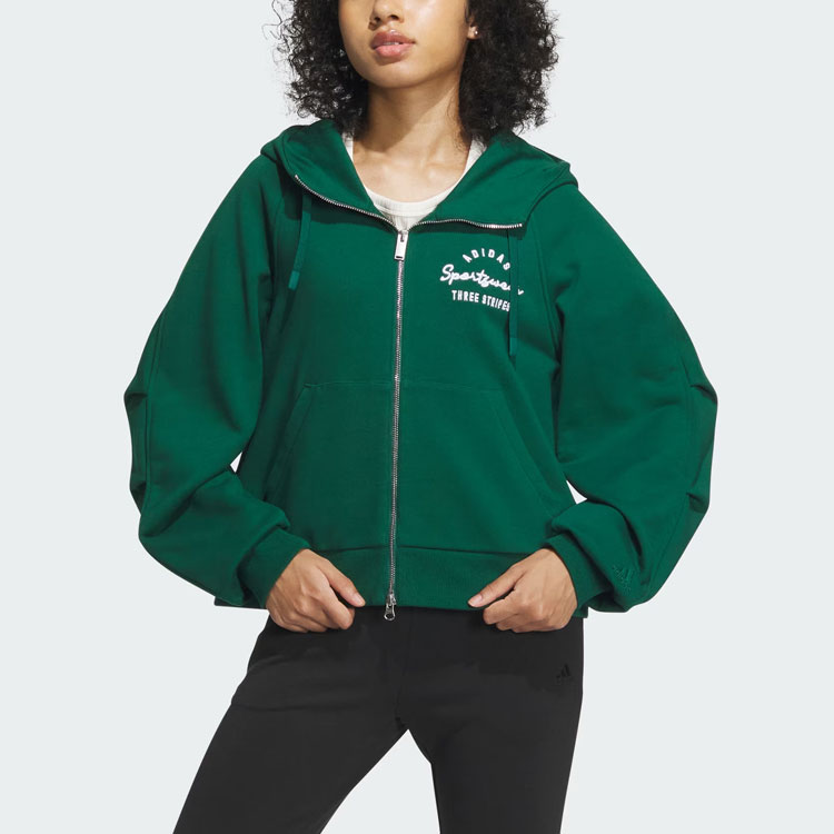 (Women) adidas Verbiage Full-Zip Hoodie Forest Green Embroidered Jacket IZ4569 圖 3