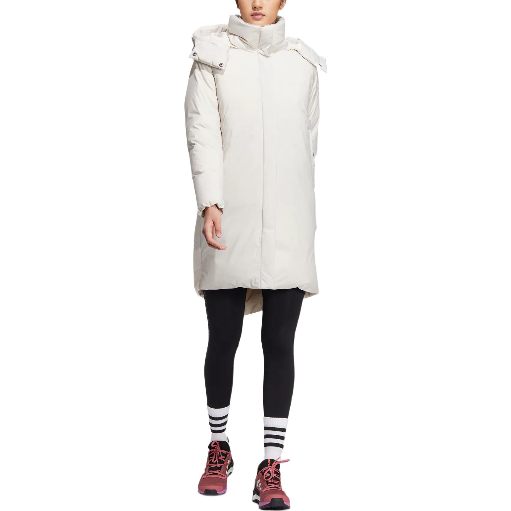 Lookbook (W) adidas 女款白色長版羽絨外套 可拆式帽連帽外套 Puffer夾克 HN2114