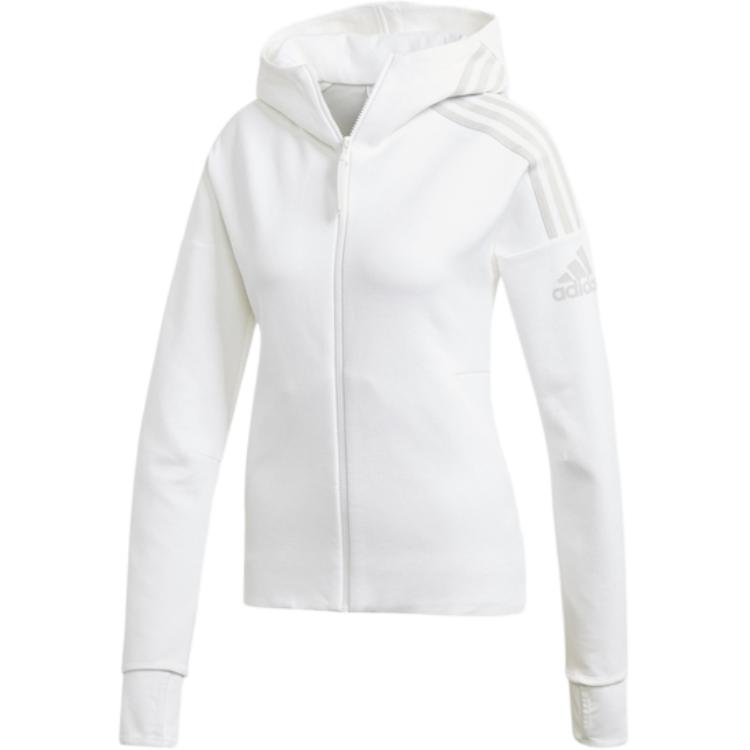 (Women) adidas White Hoodie with Thumb Holes and 3-Stripes Logo Print FL1960