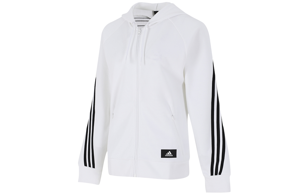 (Women) adidas White Three-Stripe Breathable Running Hooded Jacket H57293