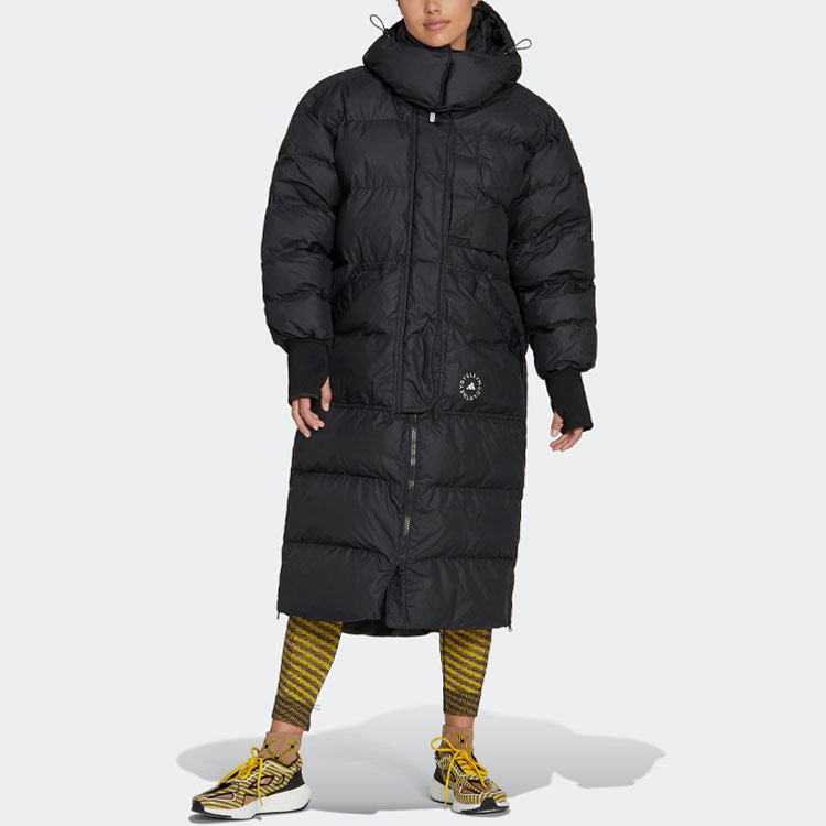 Lookbook (W) adidas x Stella McCartney Abrigo Largo Negro con Estampado de Logo en el Bolsillo HI6082