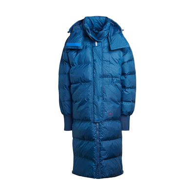 (Women) adidas Stella McCartney Long Puffer Coat Blue with Logo Pocket Print. HI6083