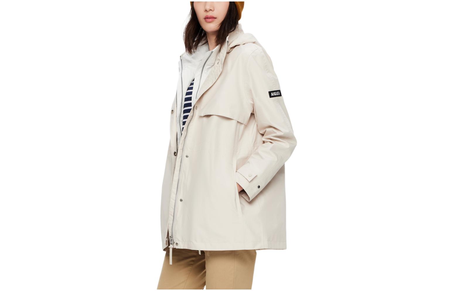 (Women) AIGLE Waterproof Windbreaker Hoodie Jacket Beige Mink Color AM372