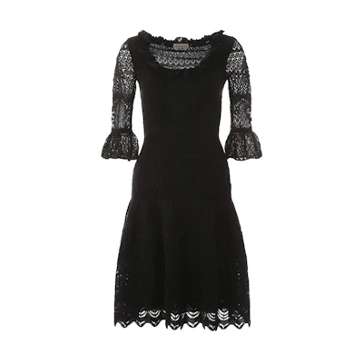 (Women) Alexander McQueen Black Crochet Knit Ruffled Hem Short Sleeve Dress 610734-Q1AMI-1000