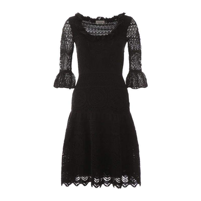 Order (W) Alexander McQueen Gaun Hitam Crochet Knit Ruffled Hem Lengan Pendek 610734-Q1AMI-1000