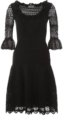 (W) Alexander McQueen Gaun Hitam Crochet Knit Ruffled Hem Lengan Pendek 610734-Q1AMI-1000 Order (W) Alexander McQueen Gaun Hitam Crochet Knit Ruffled Hem Lengan Pendek 610734-Q1AMI-1000