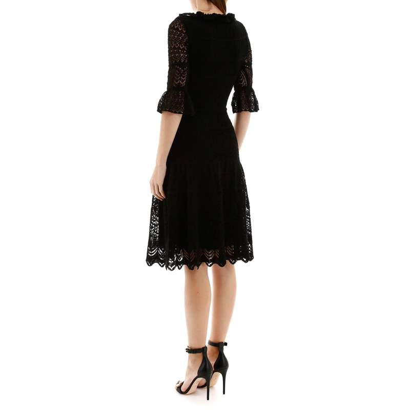 Purchase (W) Alexander McQueen Gaun Hitam Crochet Knit Ruffled Hem Lengan Pendek 610734-Q1AMI-1000