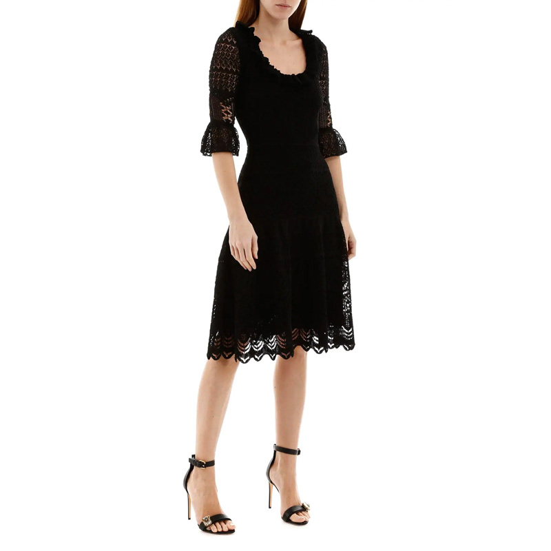 Details for (W) Alexander McQueen Gaun Hitam Crochet Knit Ruffled Hem Lengan Pendek 610734-Q1AMI-1000