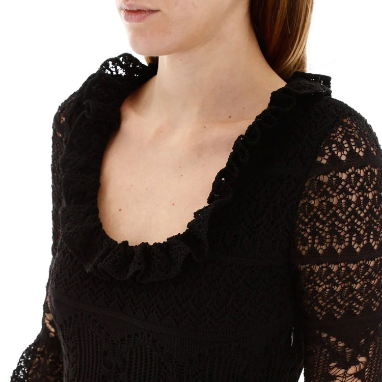 Sizing (W) Alexander McQueen Gaun Hitam Crochet Knit Ruffled Hem Lengan Pendek 610734-Q1AMI-1000