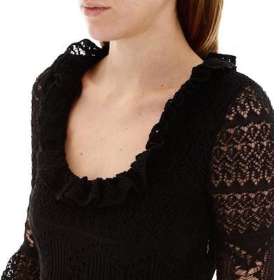 (W) Alexander McQueen Gaun Hitam Crochet Knit Ruffled Hem Lengan Pendek 610734-Q1AMI-1000 Sizing (W) Alexander McQueen Gaun Hitam Crochet Knit Ruffled Hem Lengan Pendek 610734-Q1AMI-1000
