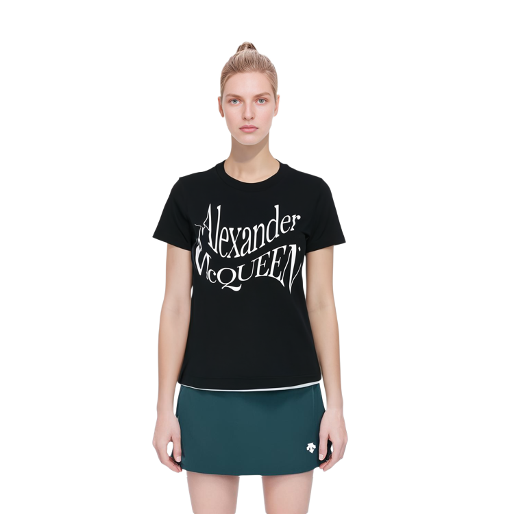 Shop (Women) Alexander McQueen  Black Fitted Crewneck Letter Logo T-Shirt 781403-QZALT-0901