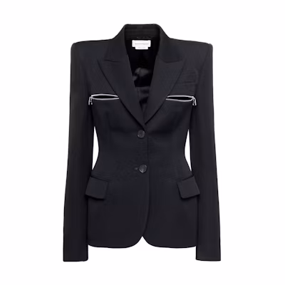 (Women) Alexander McQueen Black Solid Letter Print Zip-Up Jacket 752829-QJAAC-1000