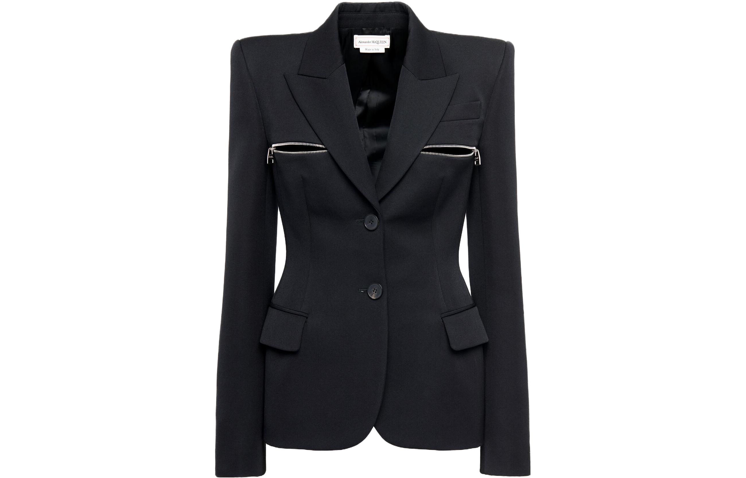 Order (Women) Alexander McQueen  Black Solid Letter Print Zip-Up Jacket 752829-QJAAC-1000