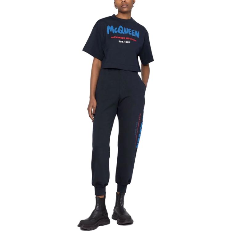 Lookbook (Women) Alexander McQueen  Blue Logo Crewneck Slim Fit Short-Sleeve T-Shirt 687014-QZAE0-0415