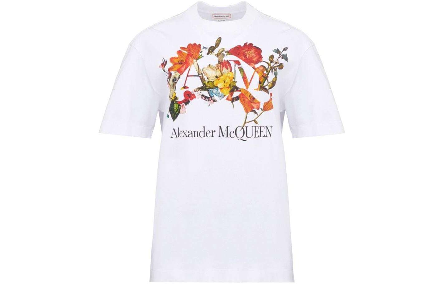 (Women) Alexander McQueen  Floral Letter Print White Crewneck T-Shirt SS24 781466-QZALQ-0900