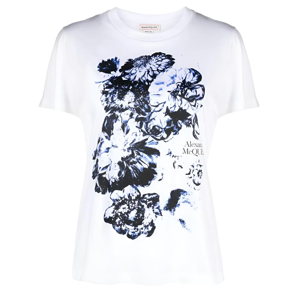 (Women) Alexander McQueen  Floral Letter Print White Crewneck T-Shirt 781608-QZALS-0900