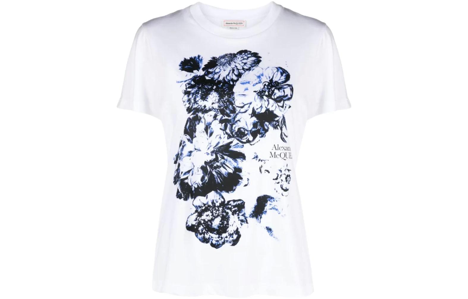 Order (Women) Alexander McQueen  Floral Letter Print White Crewneck T-Shirt 781608-QZALS-0900