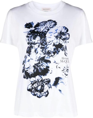 (Women) Alexander McQueen Floral Letter Print White Crewneck T-Shirt 781608-QZALS-0900 Order (Women) Alexander McQueen Floral Letter Print White Crewneck T-Shirt 781608-QZALS-0900