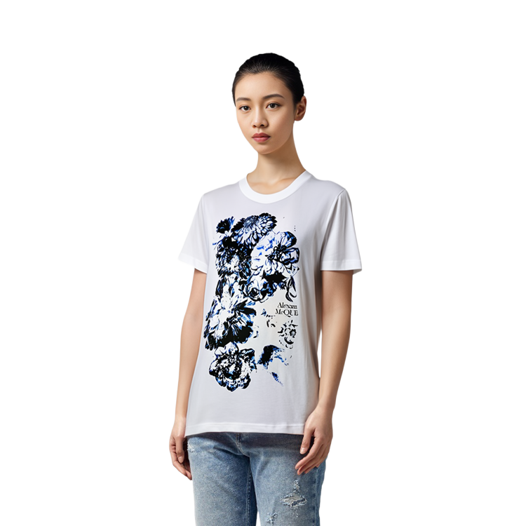 Shop (Women) Alexander McQueen  Floral Letter Print White Crewneck T-Shirt 781608-QZALS-0900