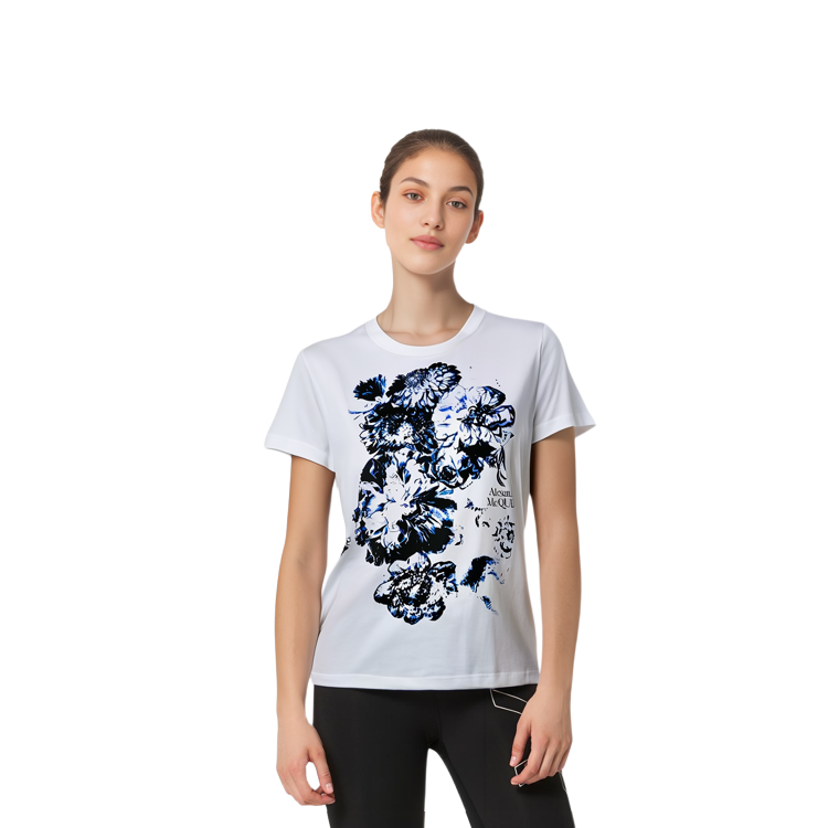 Purchase (Women) Alexander McQueen  Floral Letter Print White Crewneck T-Shirt 781608-QZALS-0900