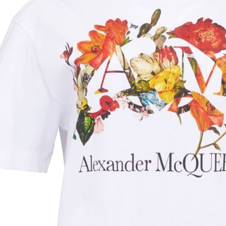 Details for (Women) Alexander McQueen  Floral Letter Print White Crewneck T-Shirt SS24 781466-QZALQ-0900