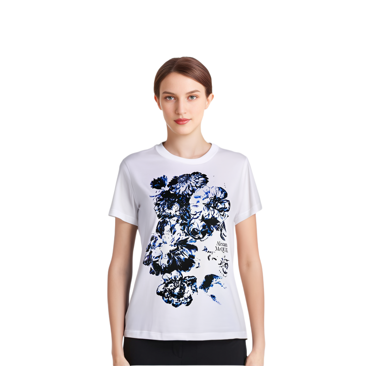 Details for (Women) Alexander McQueen  Floral Letter Print White Crewneck T-Shirt 781608-QZALS-0900