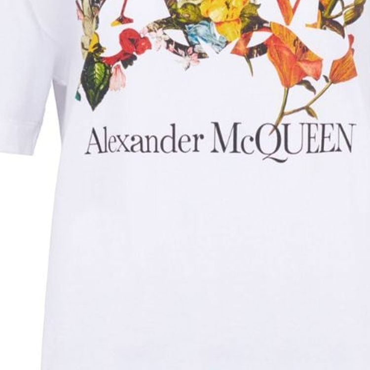 Sizing (Women) Alexander McQueen  Floral Letter Print White Crewneck T-Shirt SS24 781466-QZALQ-0900