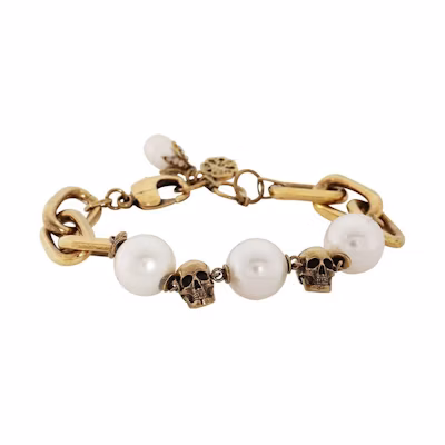 (Women) Alexander McQueen Gold/White Skull Bracelet. 651258-J160Z-4040