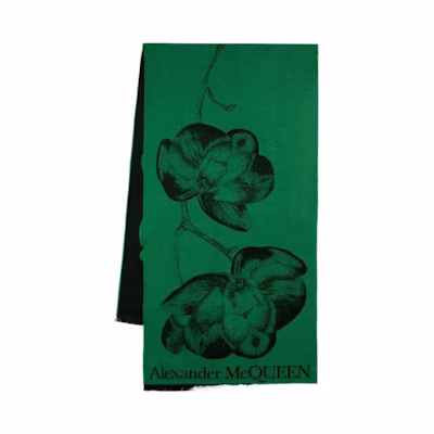 (Women) Alexander McQueen Green Floral Print Wool Scarf. 7576093646Q3160