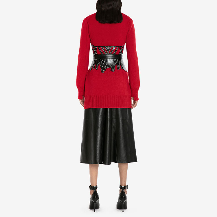Shop (W) Alexander McQueen Baju Sweater Cashmere Merah Korset Knit FW22. 710271-Q1A3O-6040