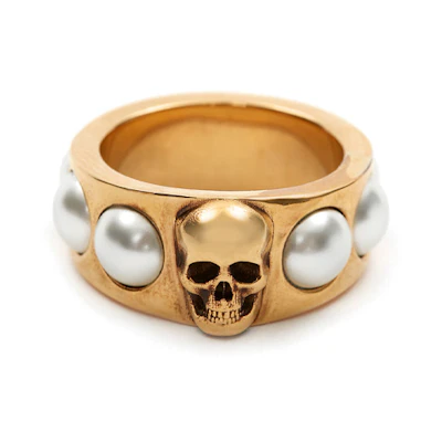 (Women) Alexander McQueen Skull Pearl Fashion Ring - Gold. 734747-I170A-2375