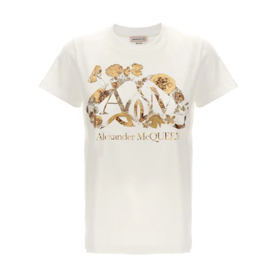 (Women) Alexander McQueen White Letter Print Crew Neck Slim Fit T-Shirt. 781461-QZALR-0900