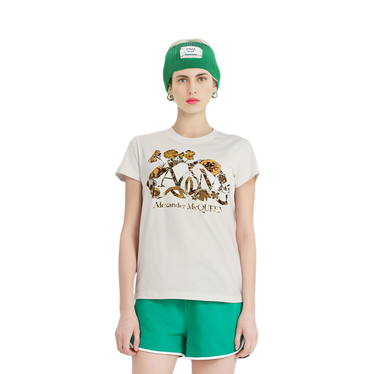 Purchase (Women) Alexander McQueen  White Letter Print Crew Neck Slim Fit T-Shirt. 781461-QZALR-0900